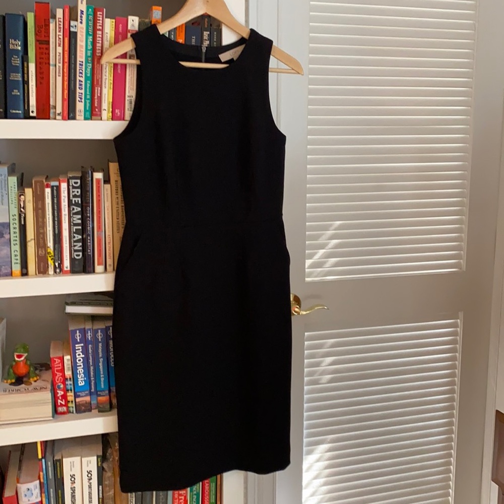 Loft black sheath dress, exposed zipper & pockets